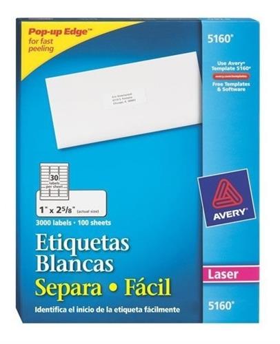 ETIQUETAS BLANCAS AVERY 5160 DE 2.5 X 6.7 CM PAQUETE CON 3000 PIEZAS-AVERY