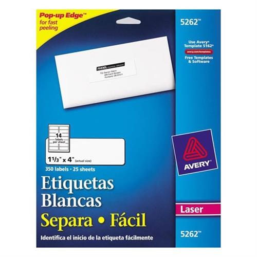 ETIQUETAS SEPARA FACIL BLANCAS AVERY 5162 DE 3.4X10.2 CM 1 PAQUETE-AVERY