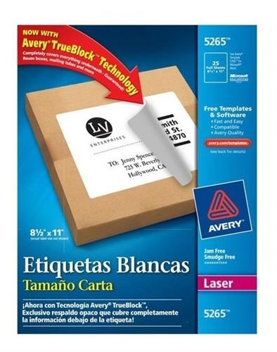 ETIQUETAS BLANCAS AVERY 5265 DE 21.6X27.9 CM 1 PAQUETE-AVERY