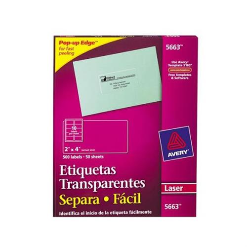 ETIQUETAS TRANSPARENTES AVERY 5663 DE 5.1 X 10.2 CM PAQUETE CON 500 PIEZAS-AVERY