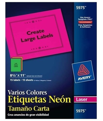 ETIQUETAS TAMAÑO CARTA COLOR NEON(VARIOS) AVERY 5975 DE 21.6 X 27.9 CM 1 PAQUETE-AVERY