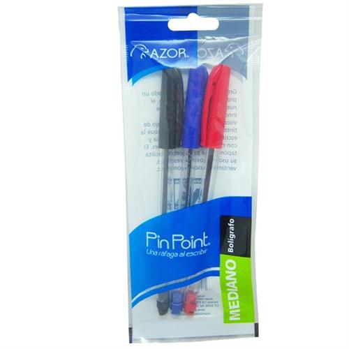 BOLIGRAFO AZOR PIN POINT NEGRO,AZUL,ROJO PUNTO MEDIANO 1.0MM BARRIL REDONDO BLIST 3 PZ-AZOR