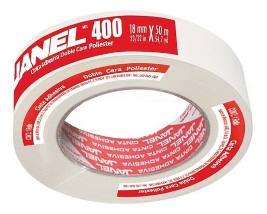 CINTA ADHESIVA DOBLE CAPA DE POLIESTER JANEL 400 COLOR BLANCO DE 18 MM X 50 M 1 PZA-JANEL