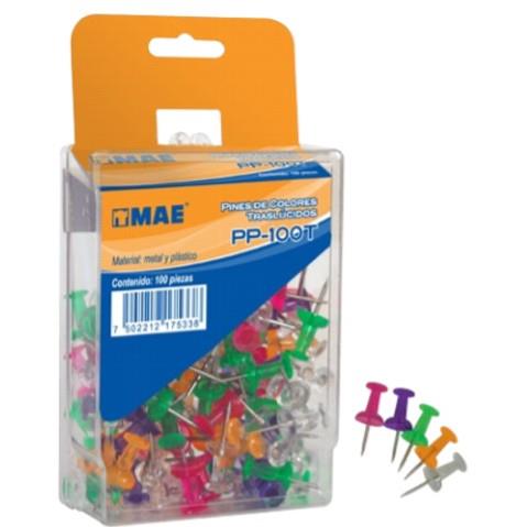 PIN PP100T CABEZA PLASTICA TRANSPARENTE DE COLORES PUNTA METAL 1 BLISTER C/100 PZAS-MAE