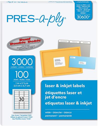 ETIQUETA LASER BLANCA PRESSAPLY 2.54 X 6.67 CM(3,000 ETIQ)-AVERY