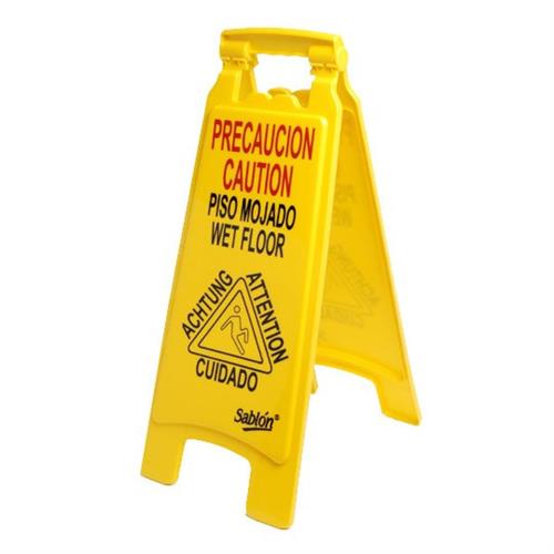 LETRERO DE PLASTICO SABLON LEMA PRECAUCION PISO MOJADO COLOR AMARILLO-SABLÓN